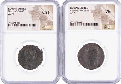 Roman Empire Bronze AE NGC-Graded Ancient Coins Pair (2 Different) Including Nero and Claudius